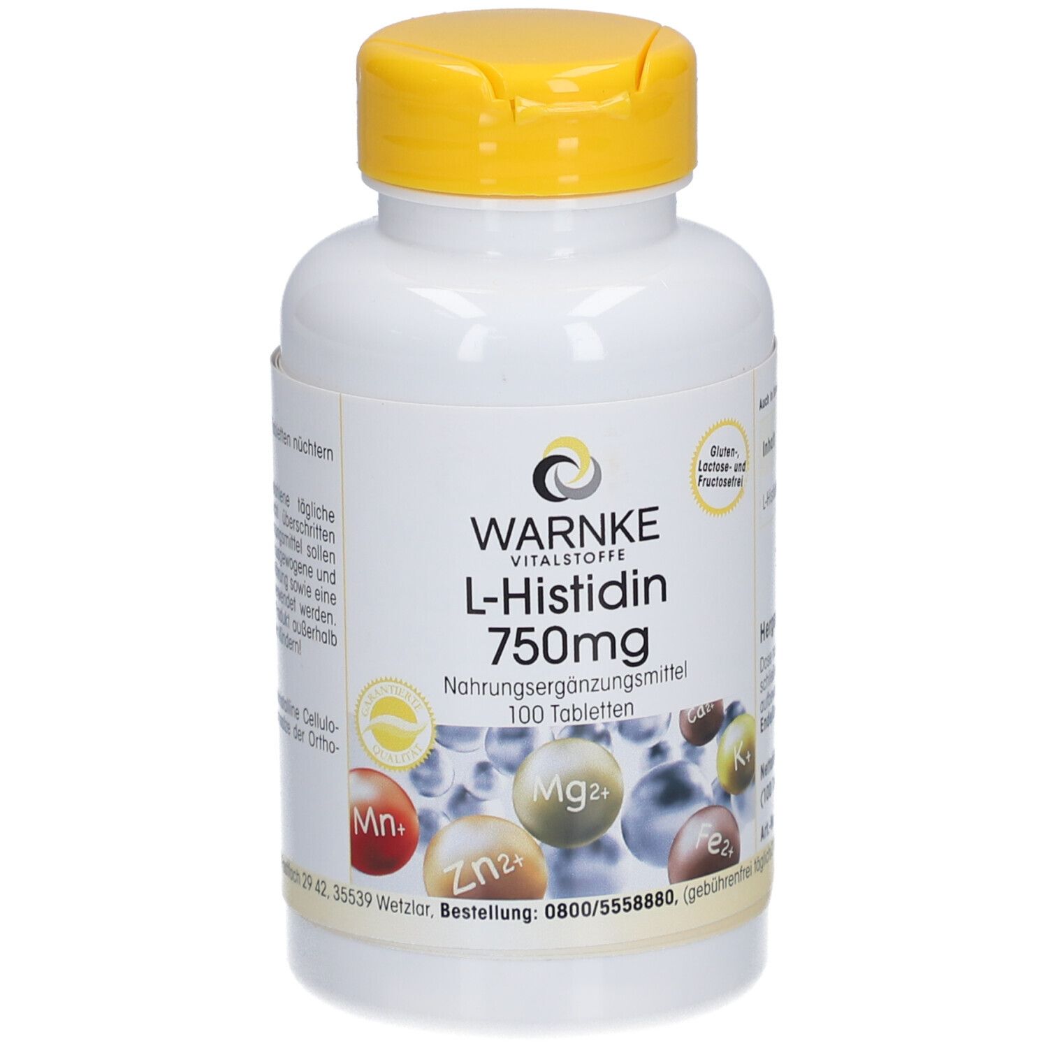 Weiße Flasche mit gelbem Deckel. Aufschrift: Warnke L-Histidin 750mg, 100 Tabletten. Abbildungen von Mineralien.