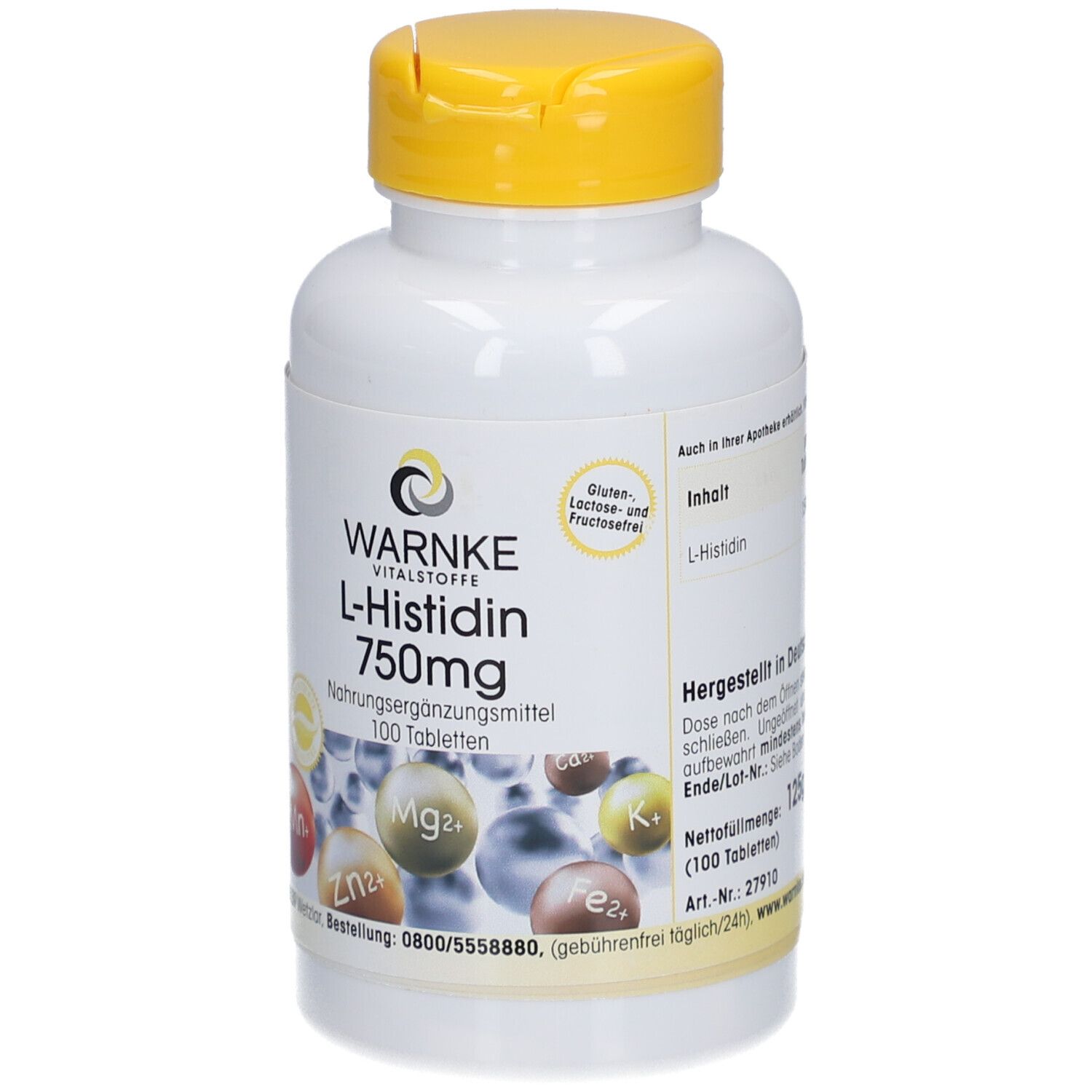 Weiße Flasche mit gelbem Deckel. Aufschrift: Warnke L-Histidin 750mg, 100 Tabletten. Abbildungen von Mineralien.