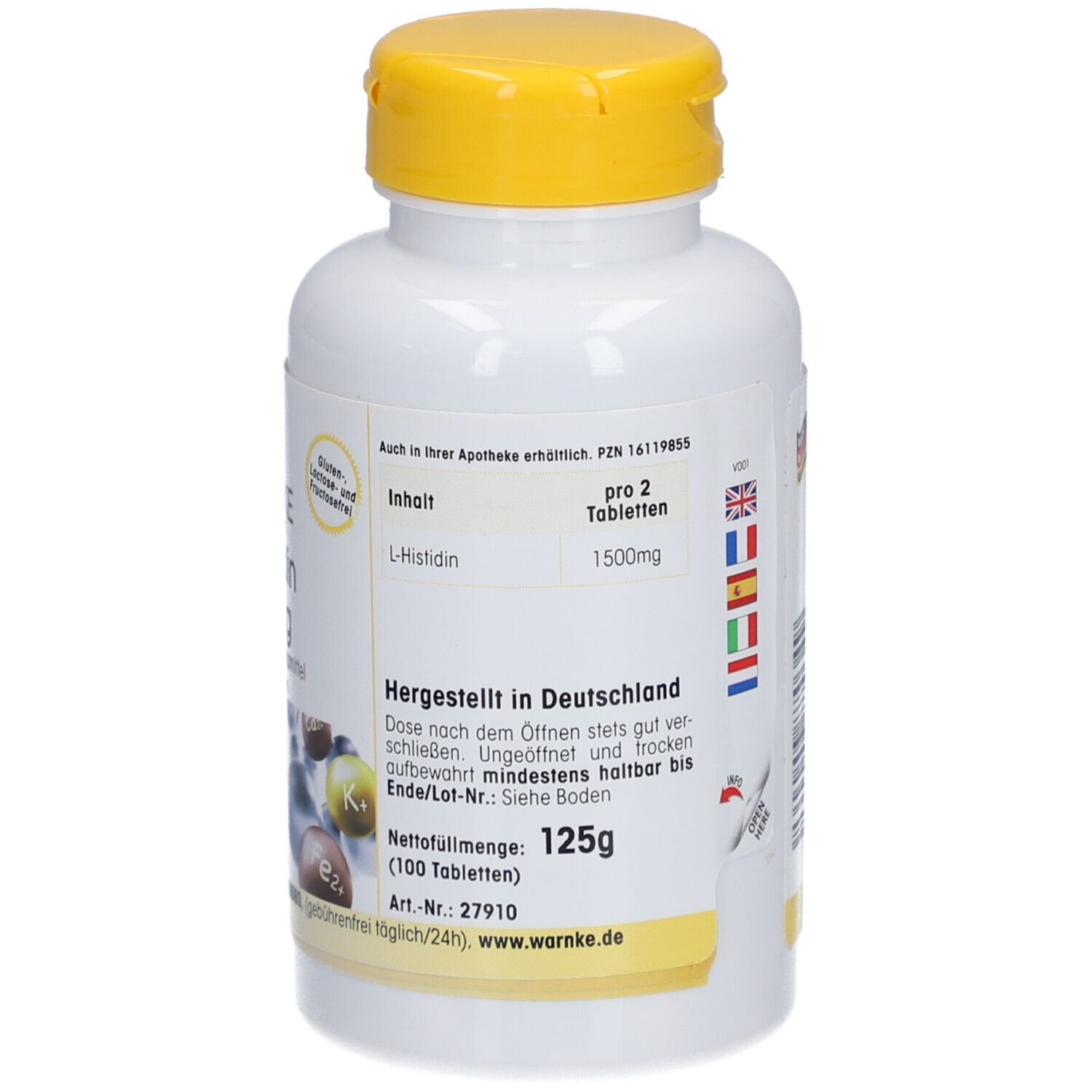 Rückseite einer weißen Flasche mit gelbem Deckel. Text, Inhaltsangabe, Nettogewicht 125g. Warnke.