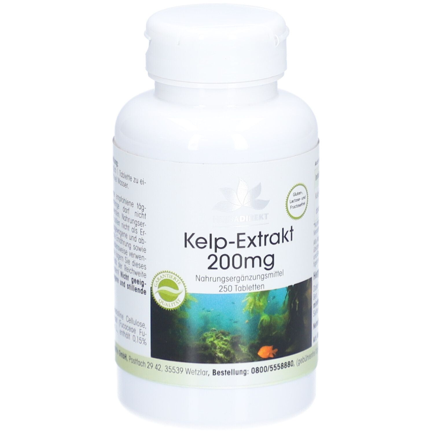 Weiße Flasche mit grünem Etikett. Kelp-Extrakt 200mg, 250 Tabletten. Mit Unterwasser-Motiv und Logo.