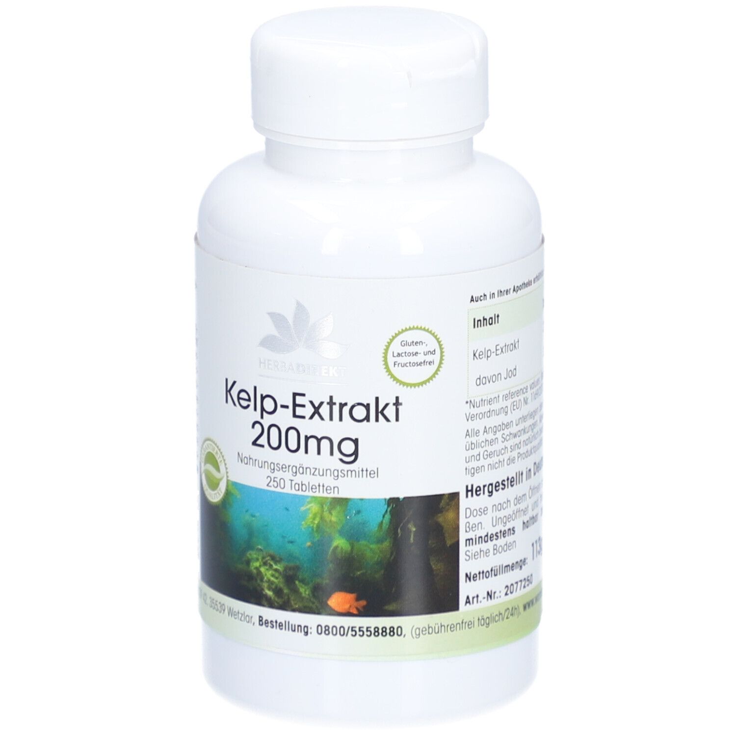Weiße Flasche mit grünem Etikett. Kelp-Extrakt 200mg, 250 Tabletten. Mit Unterwasser-Motiv und Logo.