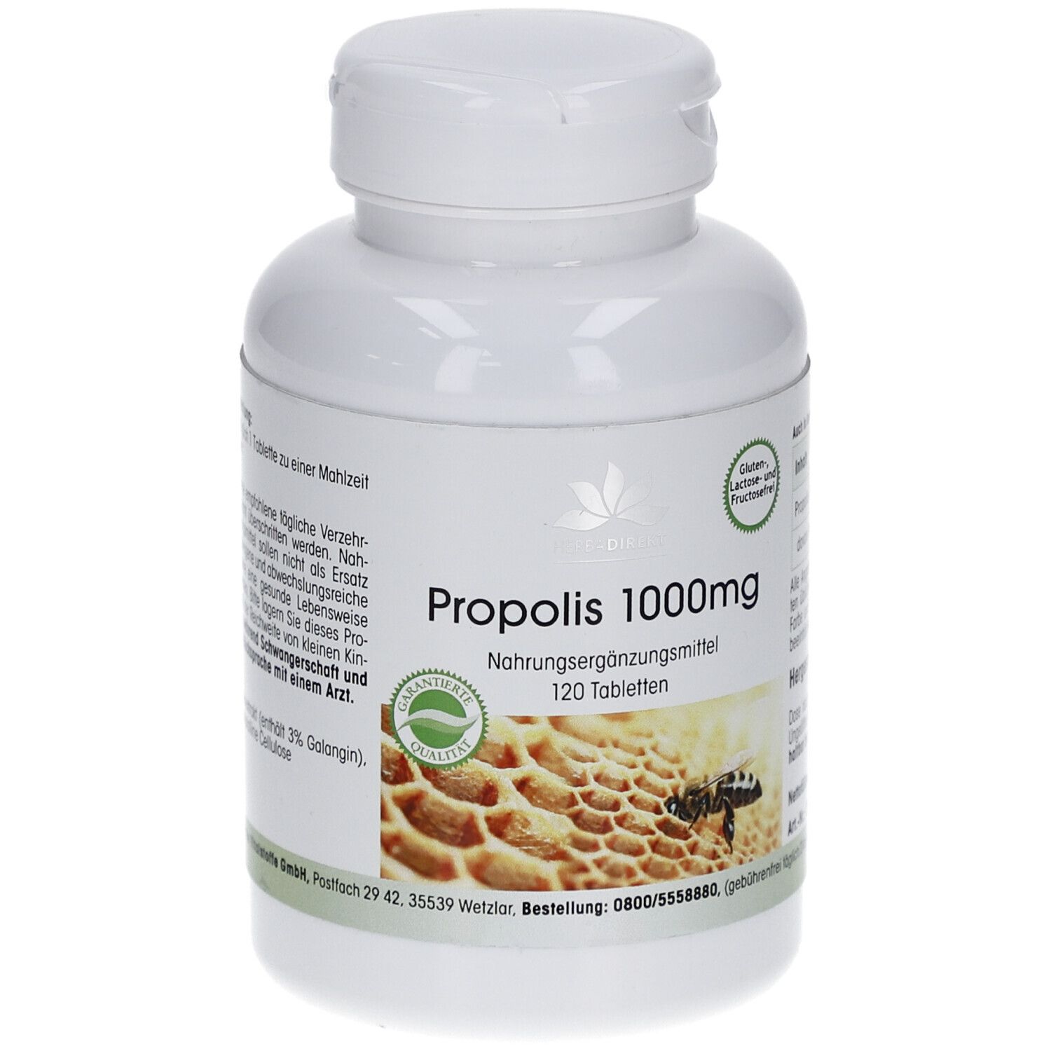 Weiße Flasche mit PROPOLIS 1000mg Tabletten. Aufschrift: 120 Tabletten. Abbildung einer Wabe mit Biene. Siegel.