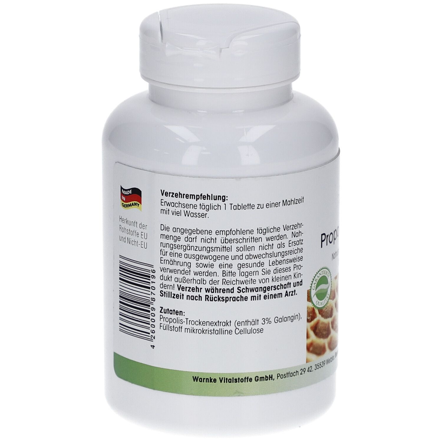 Rückseite der weißen Flasche. Text: Verzehrempfehlung. Zutaten. Hergestellt in Deutschland. Barcode.