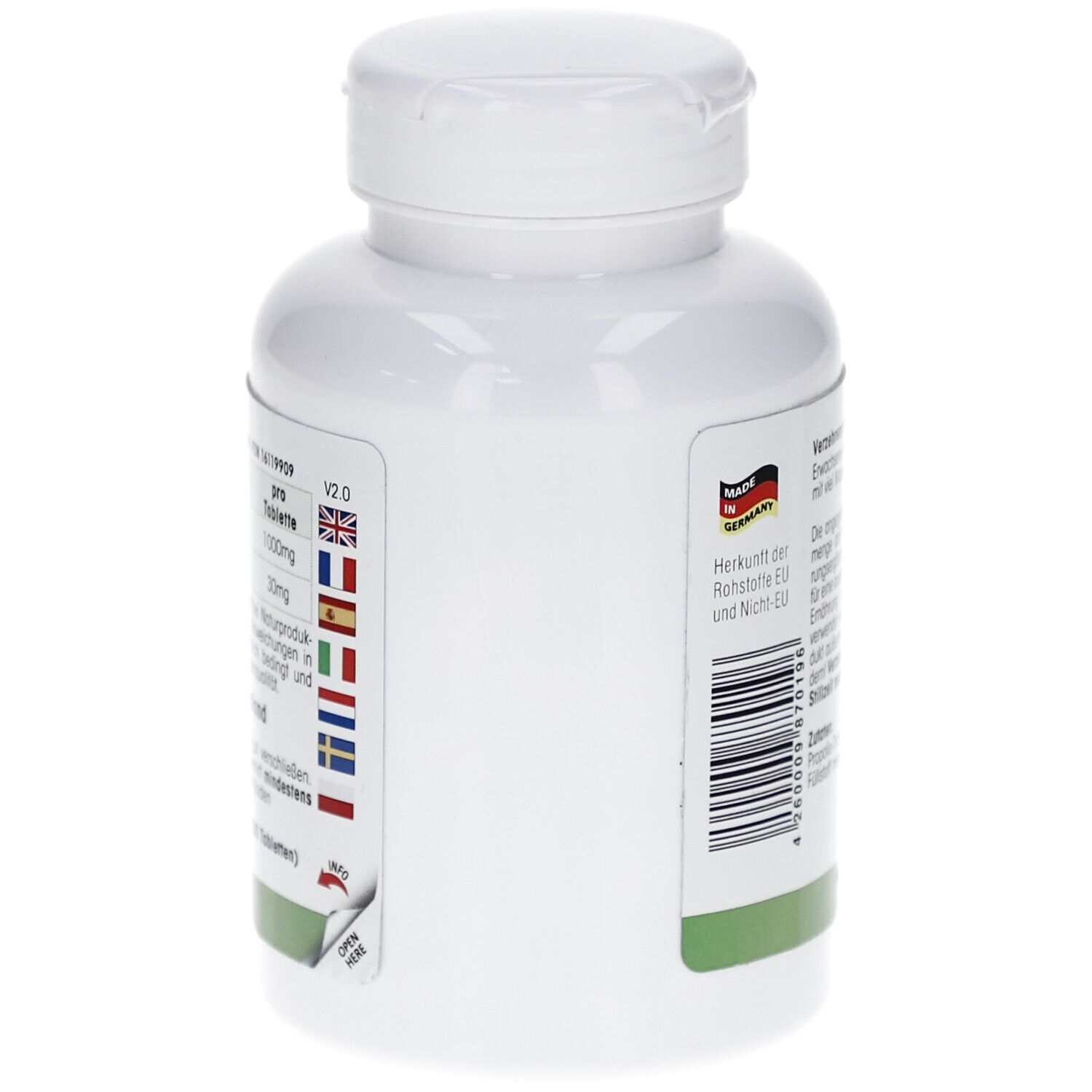 Weiße Flasche. Seite mit Flaggen und Text: Herkunft der Rohstoffe EU und Nicht-EU. Barcode.