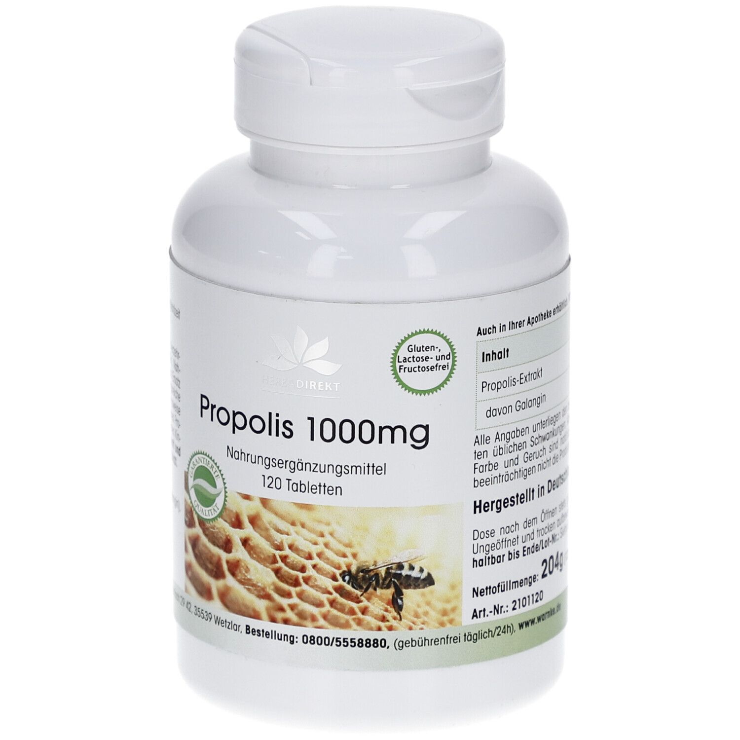 Weiße Flasche PROPOLIS 1000mg. Aufschrift: 120 Tabletten. Abbildung einer Wabe mit Biene. Siegel.