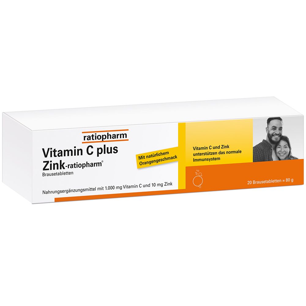 Weißer Karton mit Produktaufdruck. Aufschrift: Vitamin C plus Zink-ratiopharm Brausetabletten. Enthält 20 Brausetabletten.