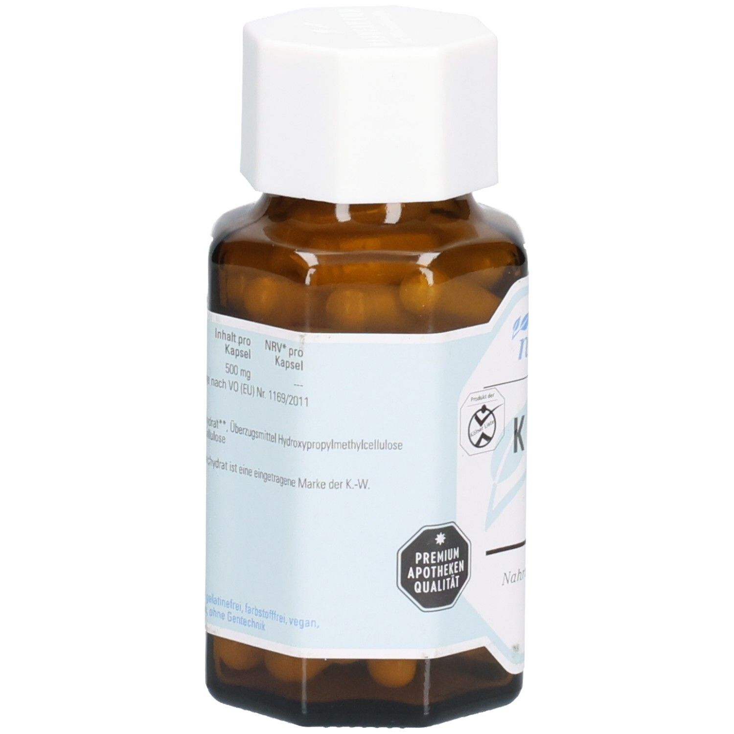 Rückseite der braunen Glasflasche mit weißem Deckel. Etikett mit Inhaltsangaben und Nährwertangaben. Premium Apotheken Qualität.