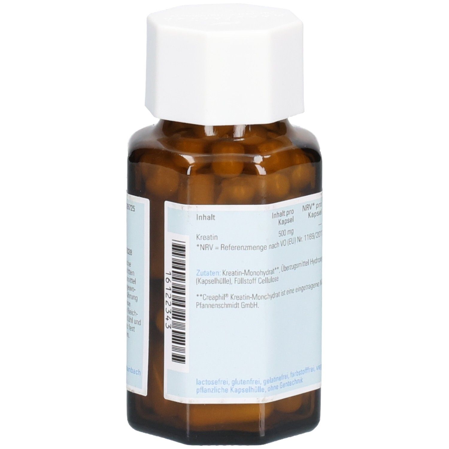 Rückseite der braunen Glasflasche mit weißem Deckel. Etikett mit Inhaltsangaben und Barcode.