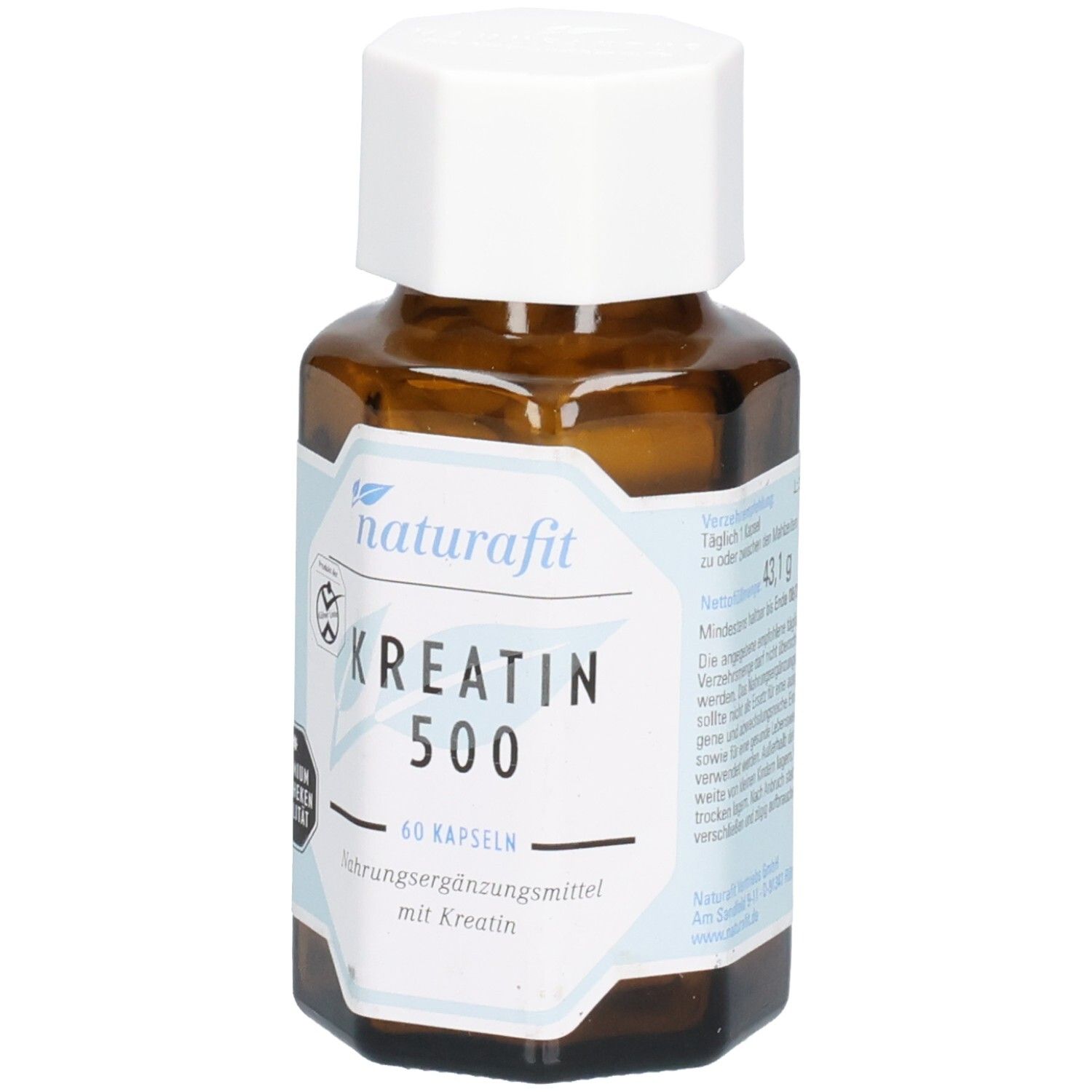 Braune Glasflasche mit weißem Deckel. Etikett mit naturafit, KREATIN 500, 60 Kapseln. Nahrungsergänzungsmittel mit Kreatin.
