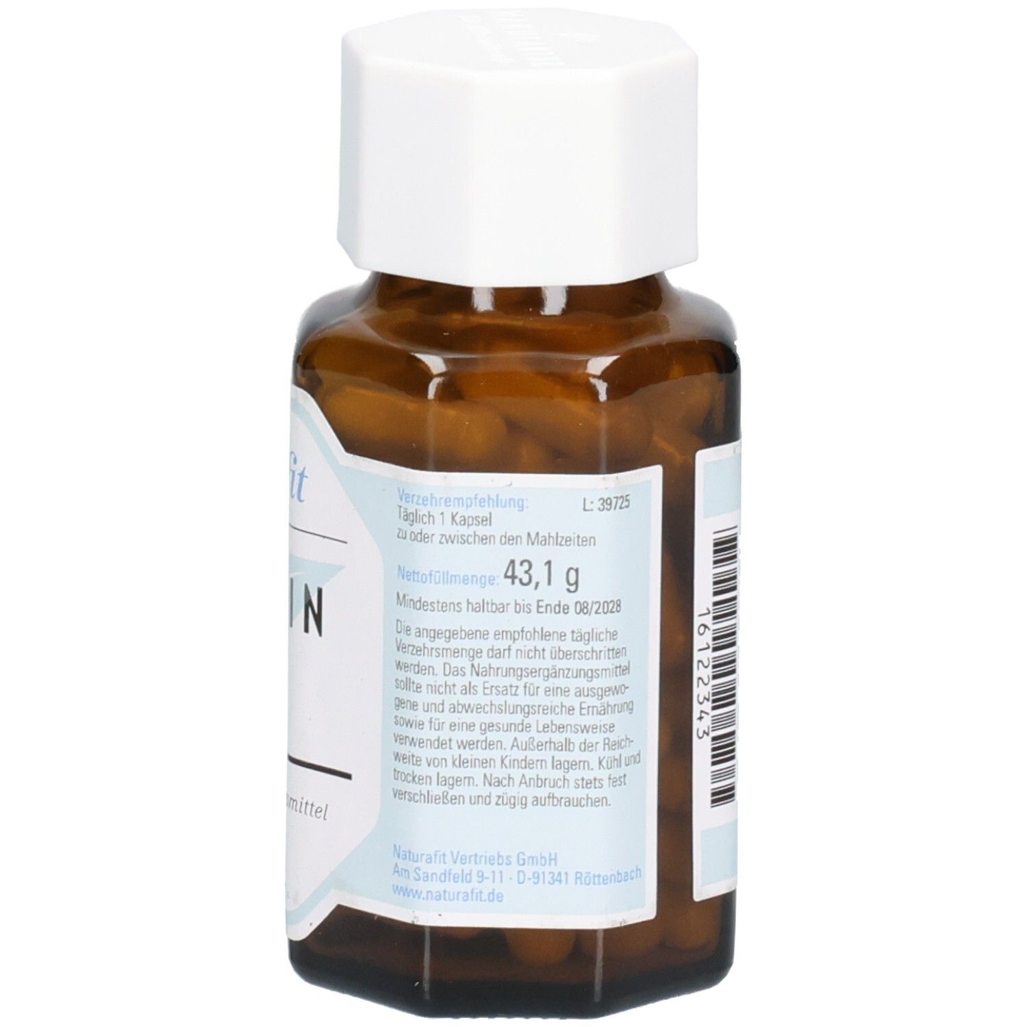 Rückseite der braunen Glasflasche mit weißem Deckel. Etikett mit Verzehrempfehlung und Nährwertangaben.