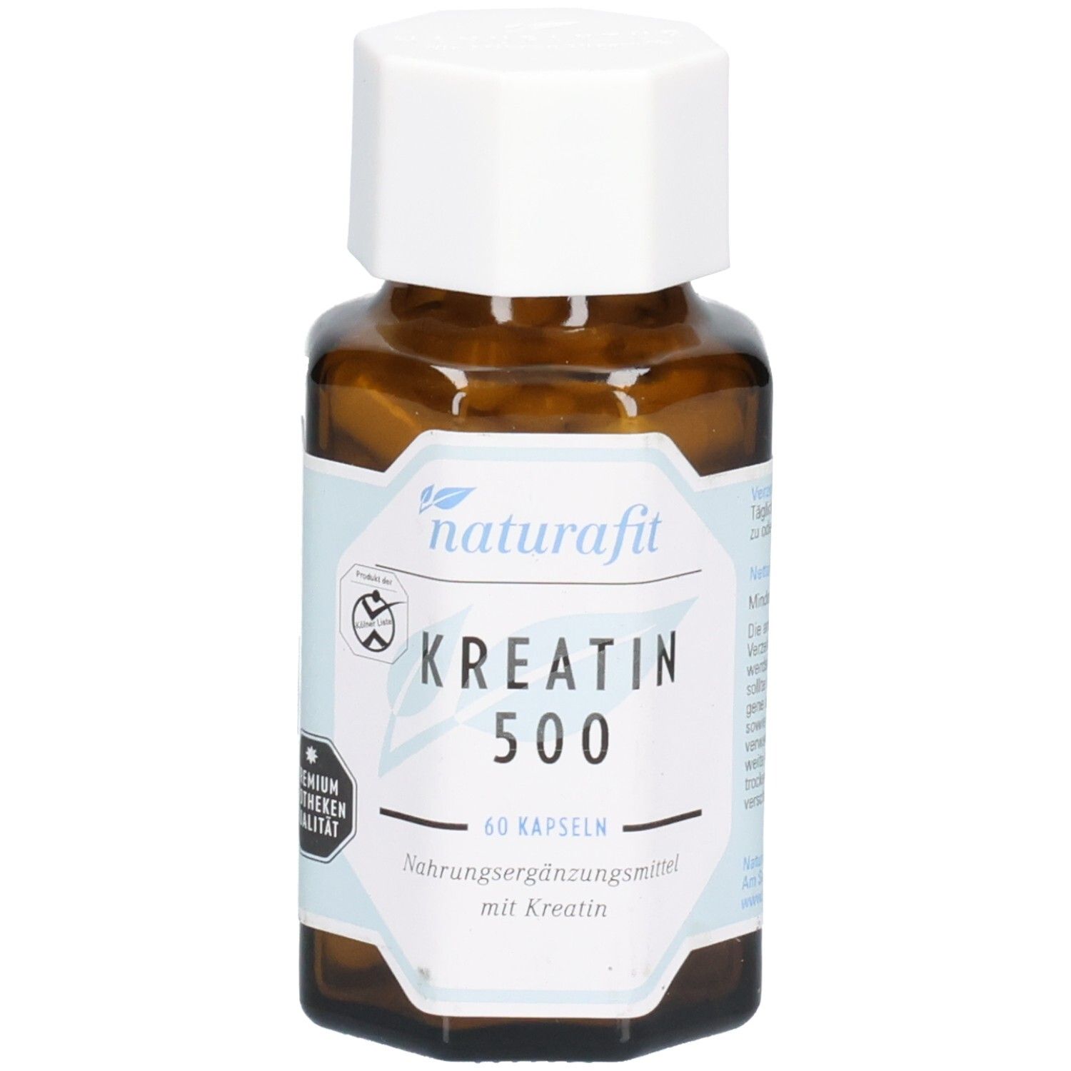 Braune Glasflasche mit weißem Deckel. Etikett mit naturafit, KREATIN 500, 60 Kapseln. Premium Apotheken Qualität.