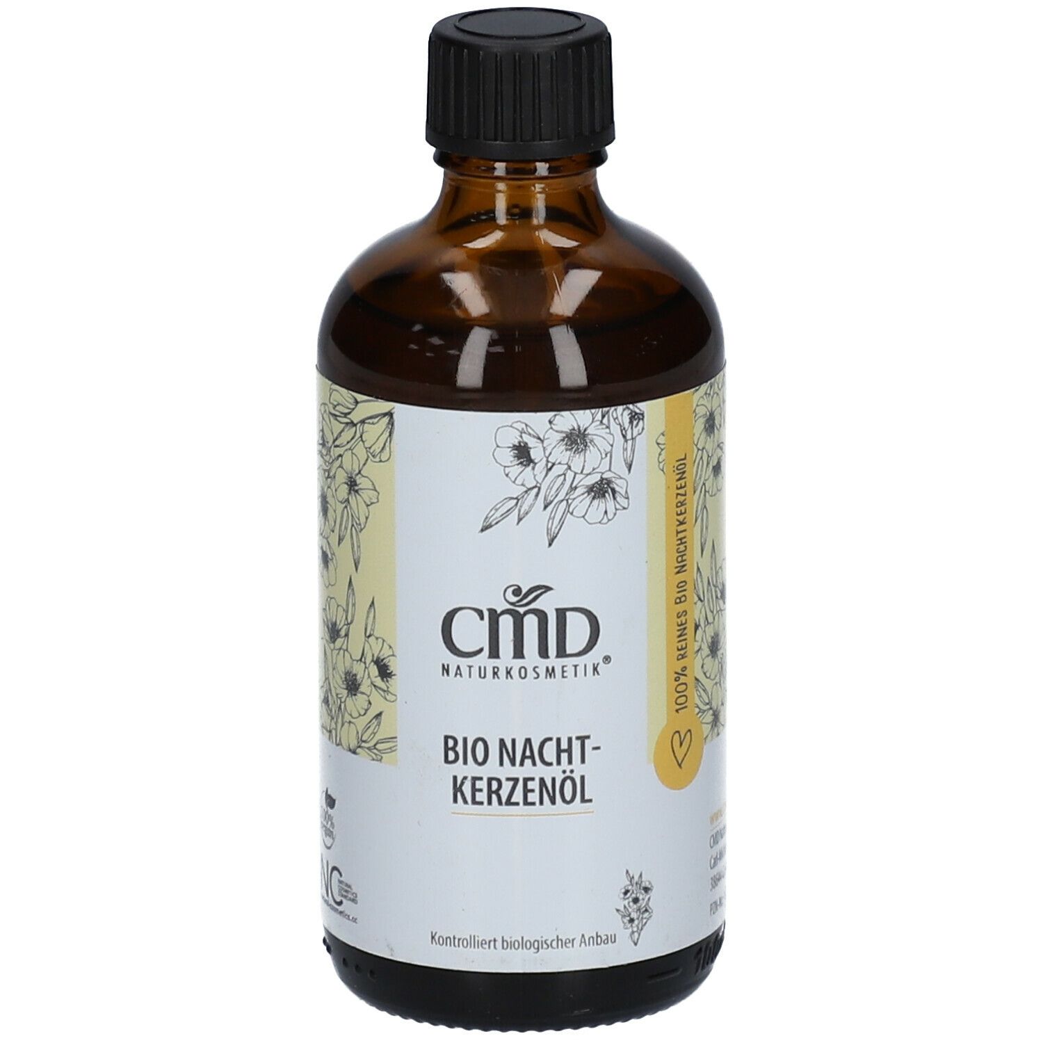 Braune Glasflasche mit schwarzem Deckel. Etikett mit "CMD Naturkosmetik" und "Bio Nachtkerzenöl".