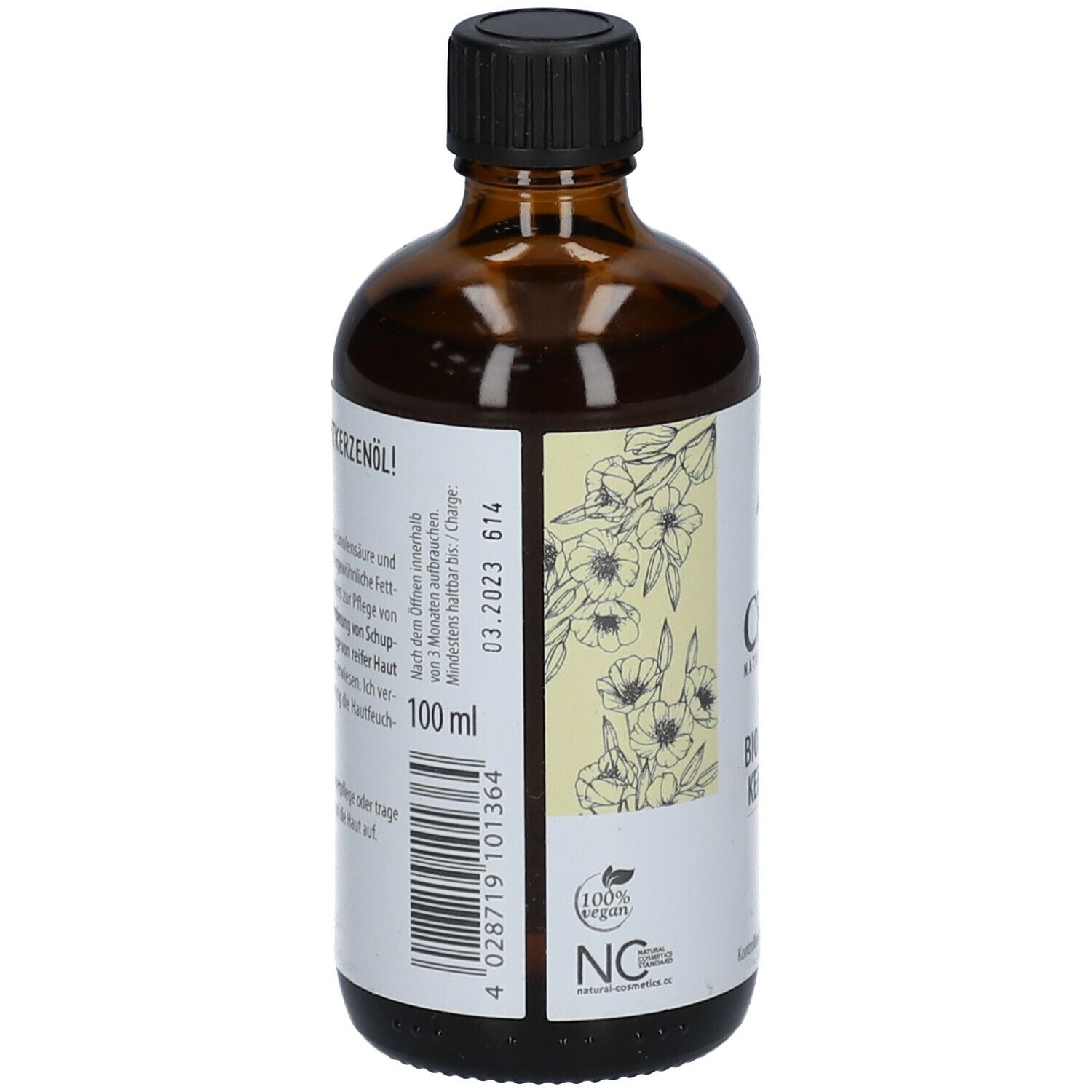 Rückansicht der braunen Glasflasche. Etikett mit Text, Barcode und "100% vegan".