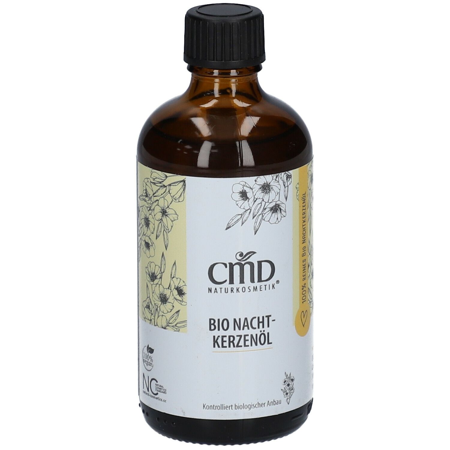 Braune Glasflasche mit schwarzem Deckel. Etikett mit "CMD Naturkosmetik" und "Bio Nachtkerzenöl".