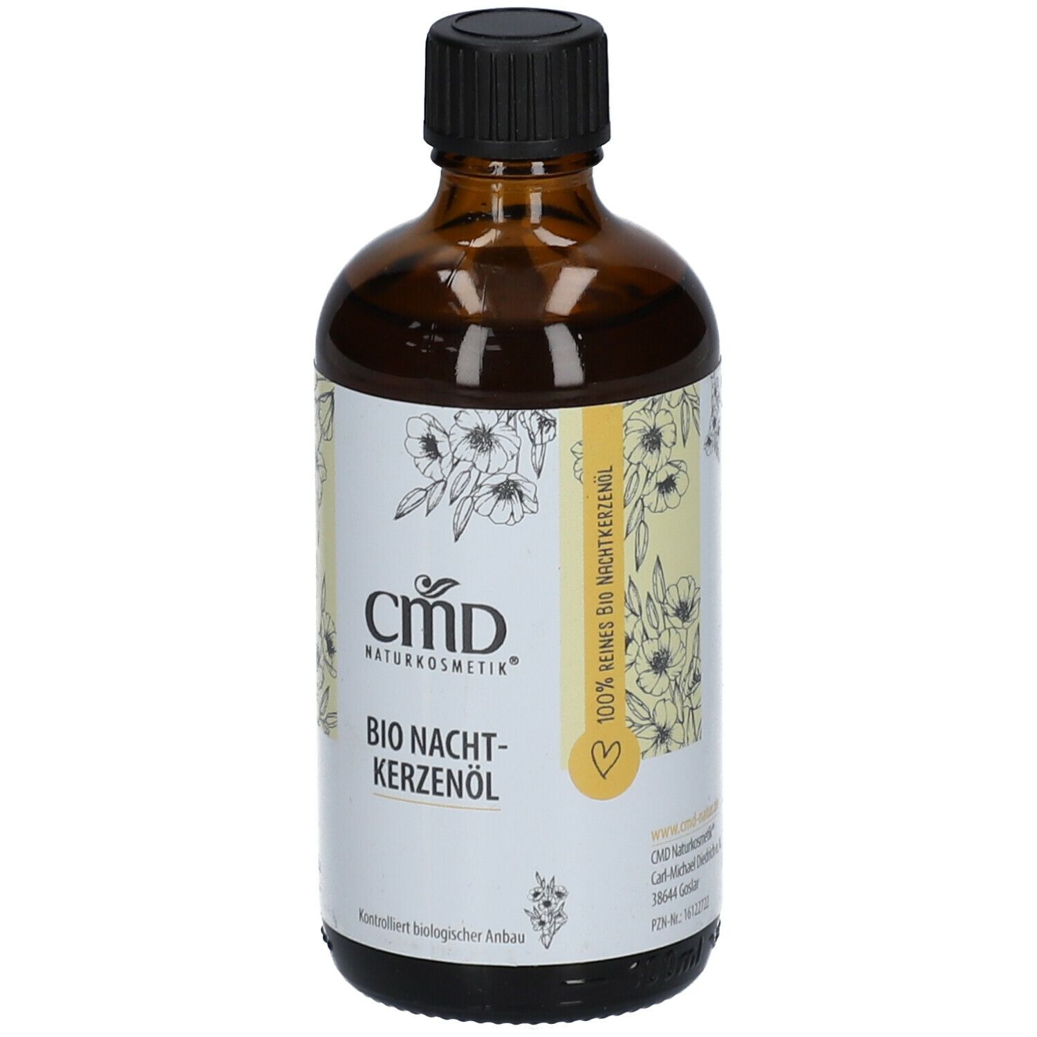 Braune Glasflasche mit schwarzem Deckel. Etikett mit "CMD Naturkosmetik" und "Bio Nachtkerzenöl".