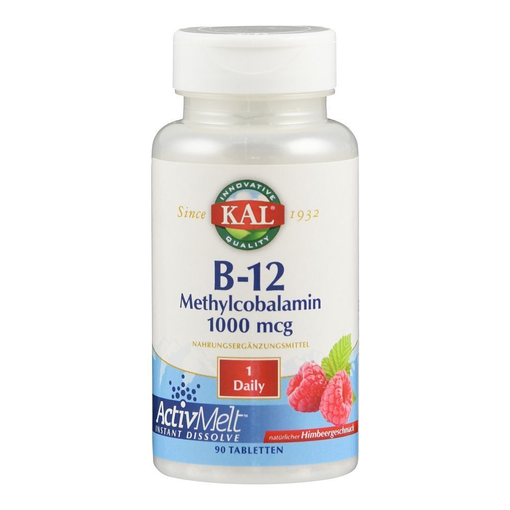 Weißes Fläschchen mit B-12 Methylcobalamin 1000 mcg Tabletten. Aufschrift: KAL, ActivMelt, 90 Tabletten. Himbeergeschmack.