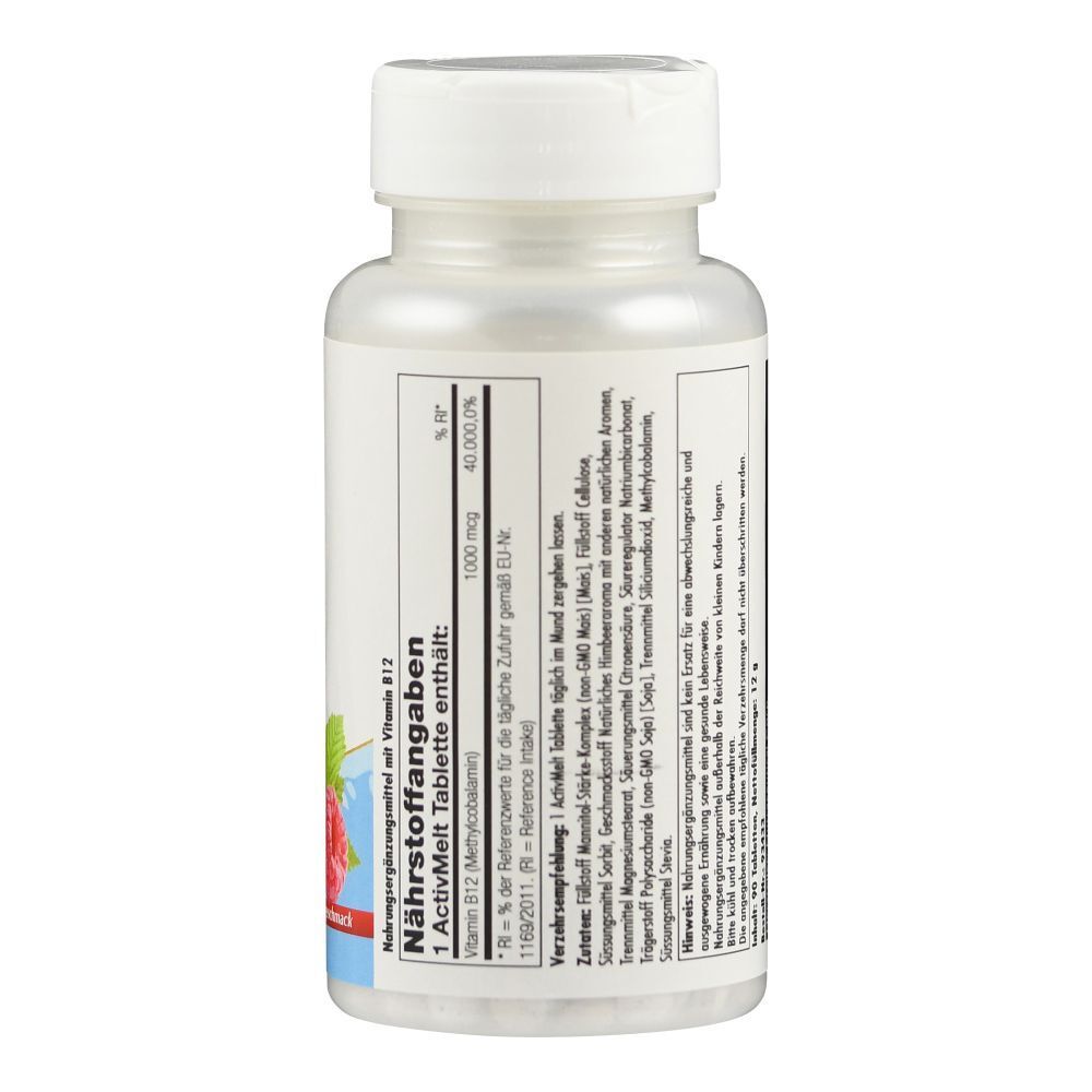 Rückseite der weißen Flasche mit B-12 Methylcobalamin. Enthält Nährstoffangaben und Inhaltsstoffe. 90 Tabletten.