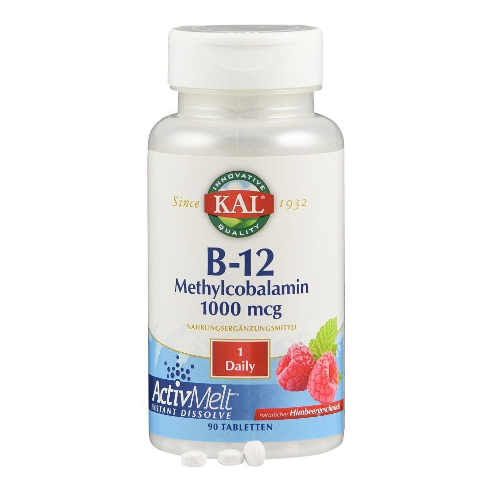 Weiße Flasche mit B-12 Methylcobalamin 1000 mcg Tabletten. Aufschrift: KAL, ActivMelt, 90 Tabletten. Himbeergeschmack. Tabletten liegen daneben.