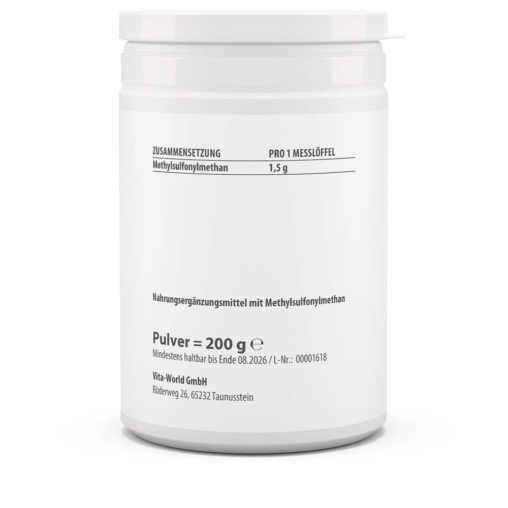 Rückseite des weißen Behälters. Text: Zusammensetzung, Methylsulfonylmethan, 1,5 g pro Messlöffel. Nahrungsergänzungsmittel.