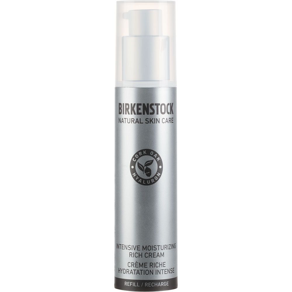 Zylindrische Flasche mit Spender. Silberfarben mit weißem Deckel. Aufschrift: Birkenstock, Natural Skin Care, Intensive Moisturizing Rich Cream.