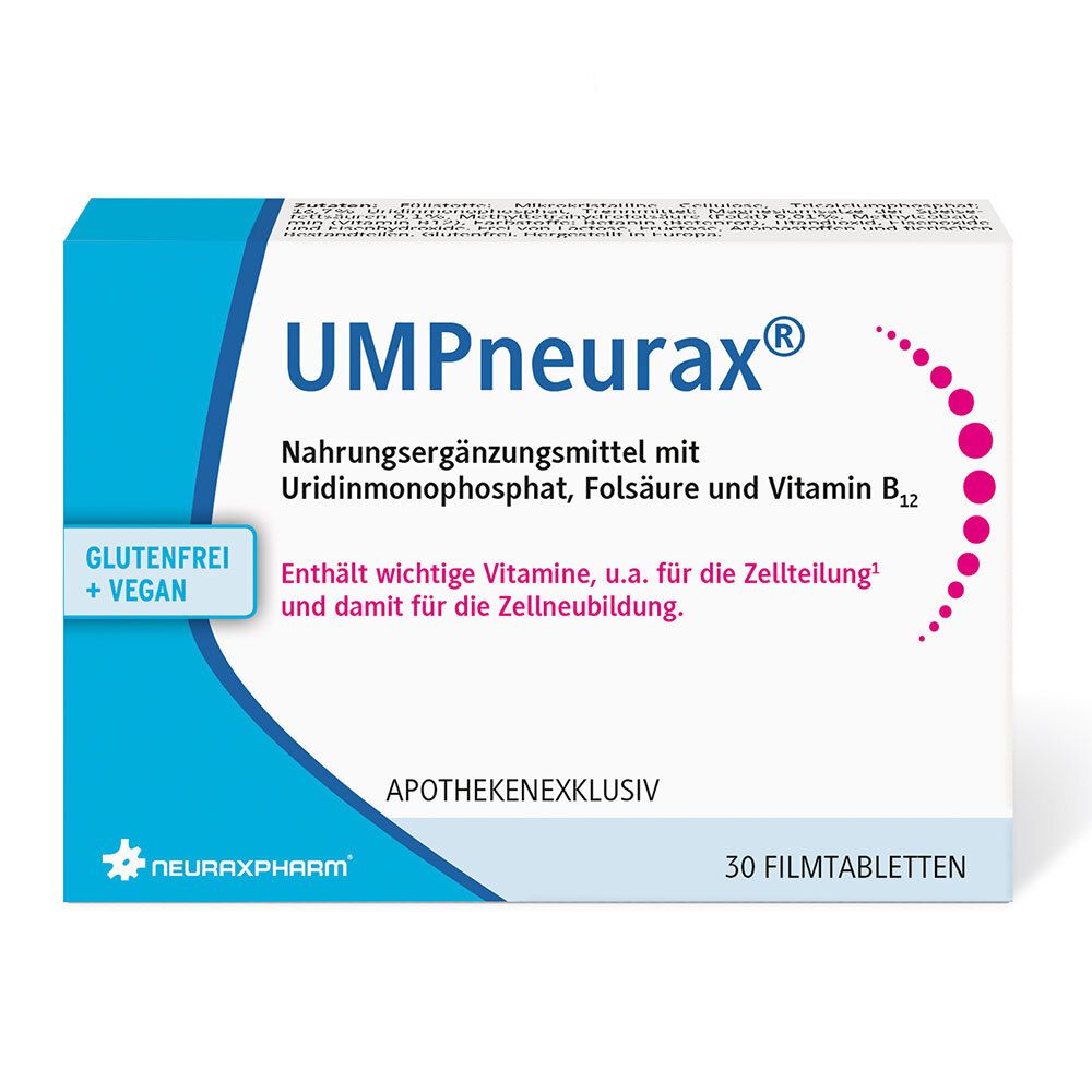 Schachtel mit UMPneurax®. Aufschrift: Nahrungsergänzungsmittel, glutenfrei + vegan, 30 Filmtabletten. Blaue und weiße Verpackung.