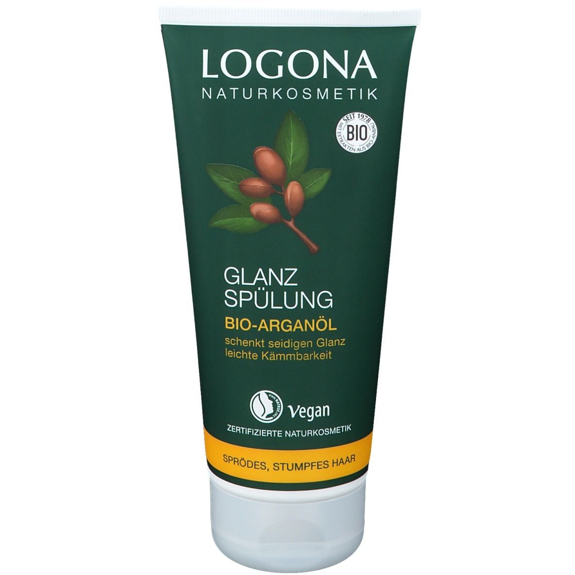 Grüne Tube LOGONA Glanzspülung Bio-Arganöl. Enthält Bio-Arganöl, Vegan-Siegel. Text: Glanz, sprödes, stumpfes Haar.