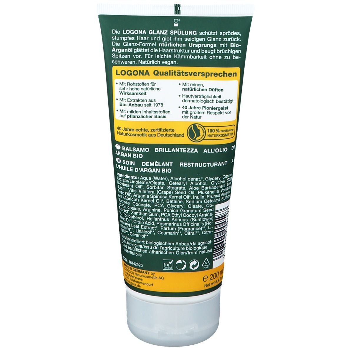Rückseite der Tube LOGONA Glanzspülung Bio-Arganöl. Text: Inhaltsstoffe, Qualitätsversprechen, 100% Naturkosmetik, Bio-Anbau.