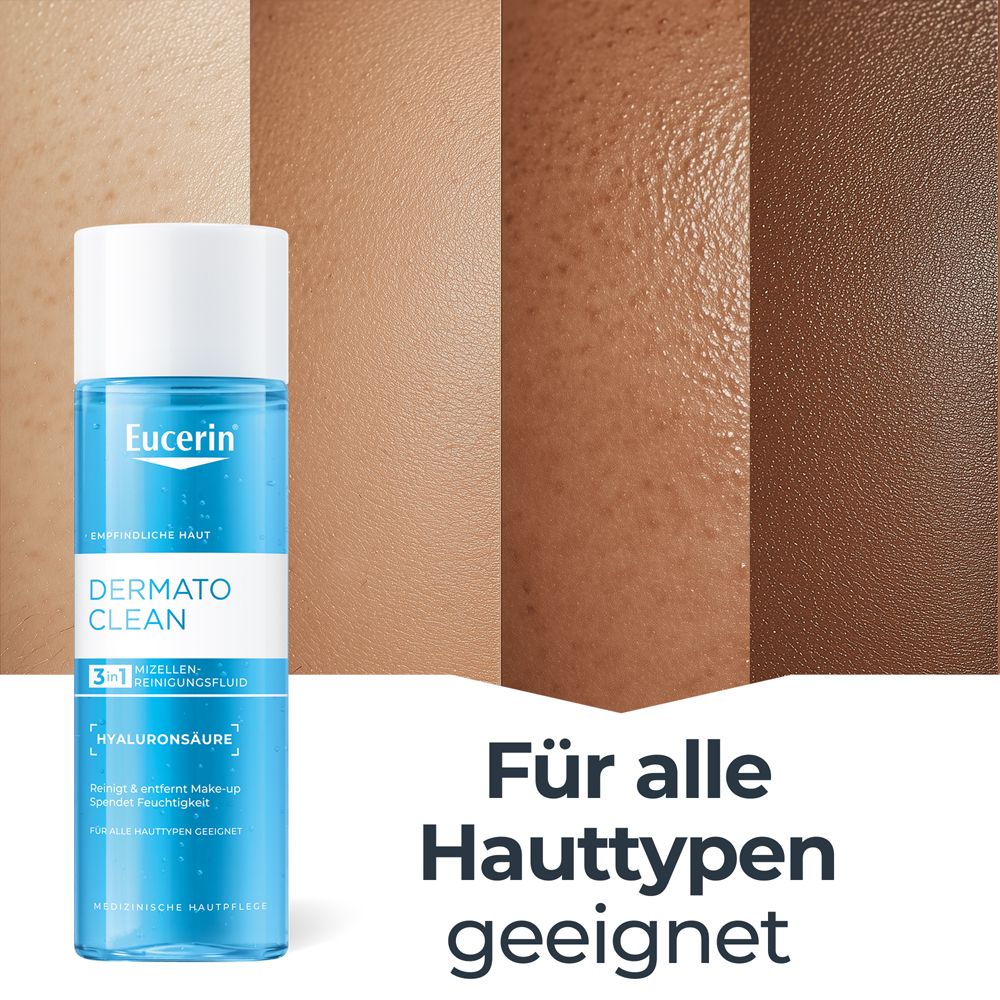 Hauttypen-Vergleich. Text: Für alle Hauttypen geeignet. Eucerin DermatoClean 3-in-1 Mizellen-Reinigung.