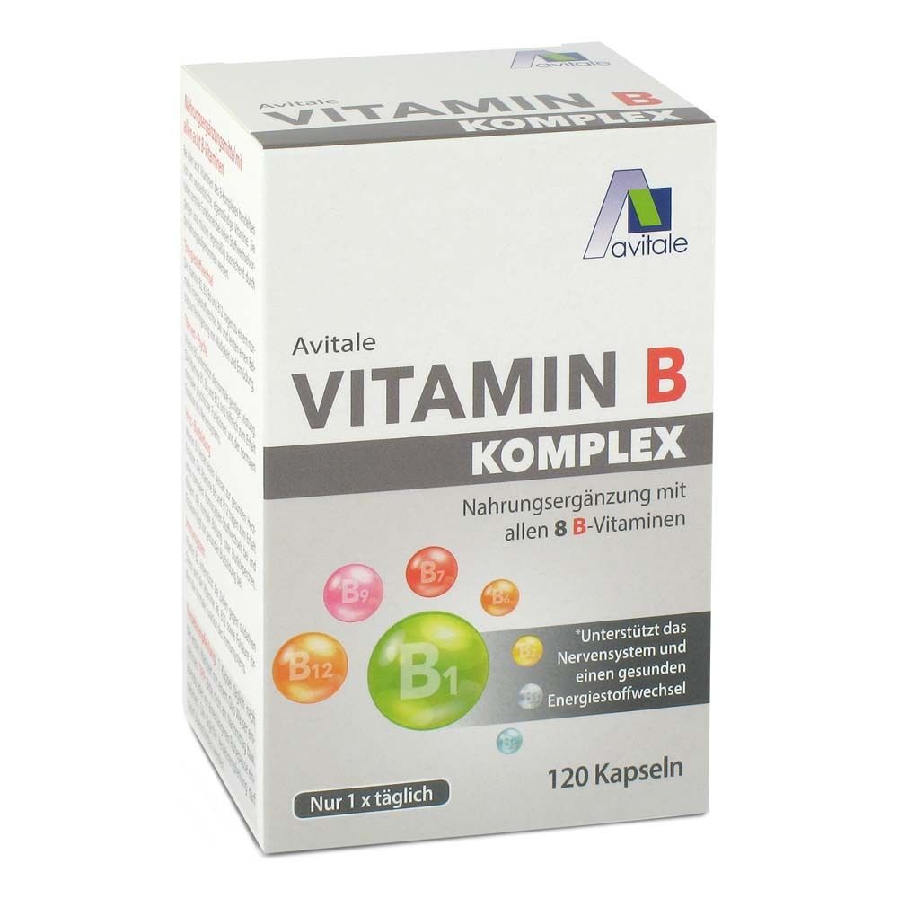 Avitale Vitamin B Komplex-Verpackung. Weißer Karton mit Produktnamen und bunten Vitamin-B-Darstellungen.