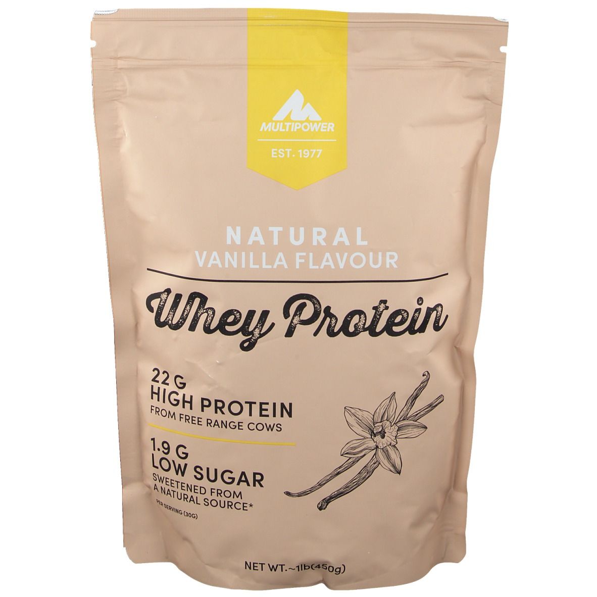 Beutel mit Multipower Whey Protein Vanille. Aufschrift: Natural Vanilla Flavour, Whey Protein, 22g High Protein, 1.9g Low Sugar.