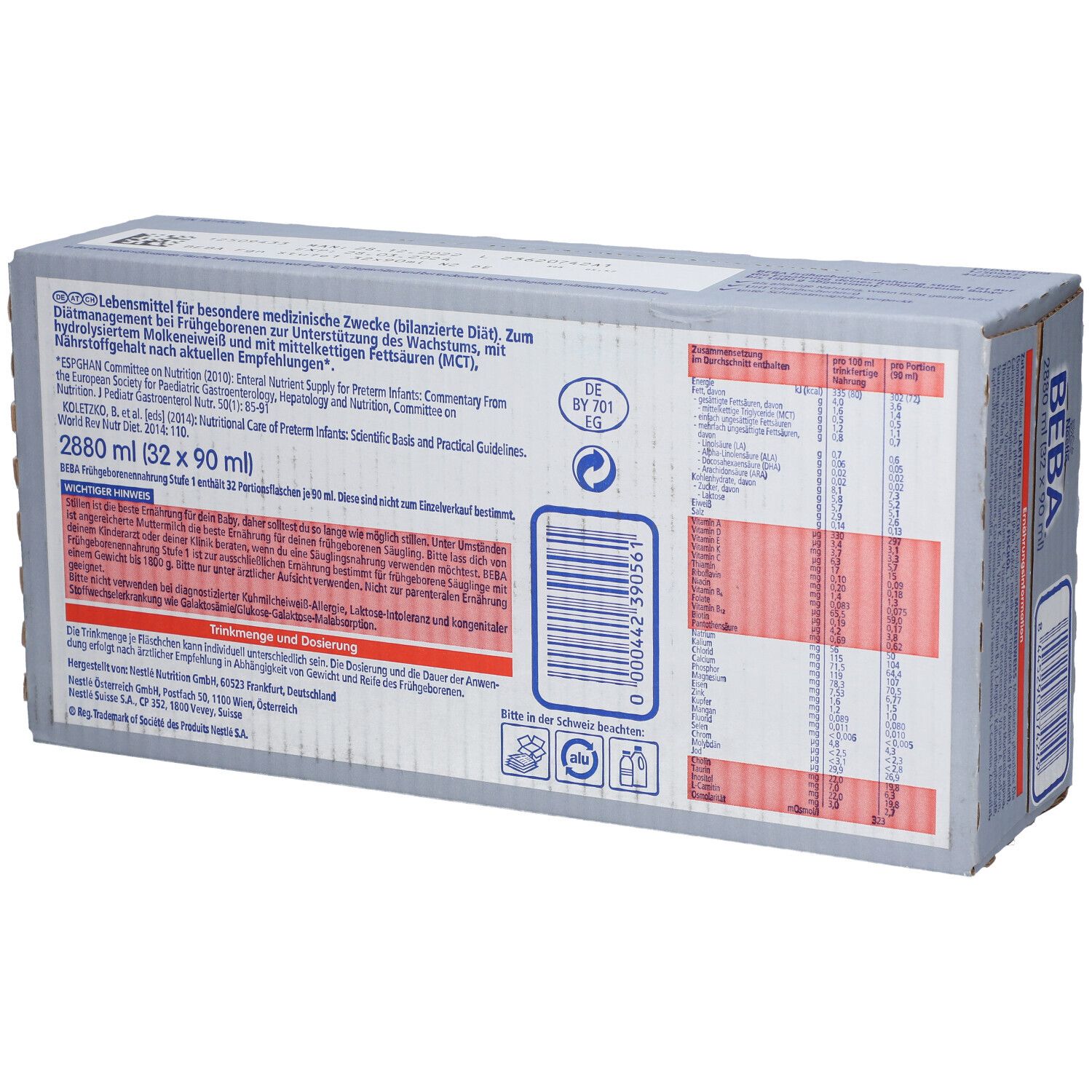Rückseite der Nestlé BEBA 1 Kartonverpackung. Produktinformationen und Inhaltsstoffe.