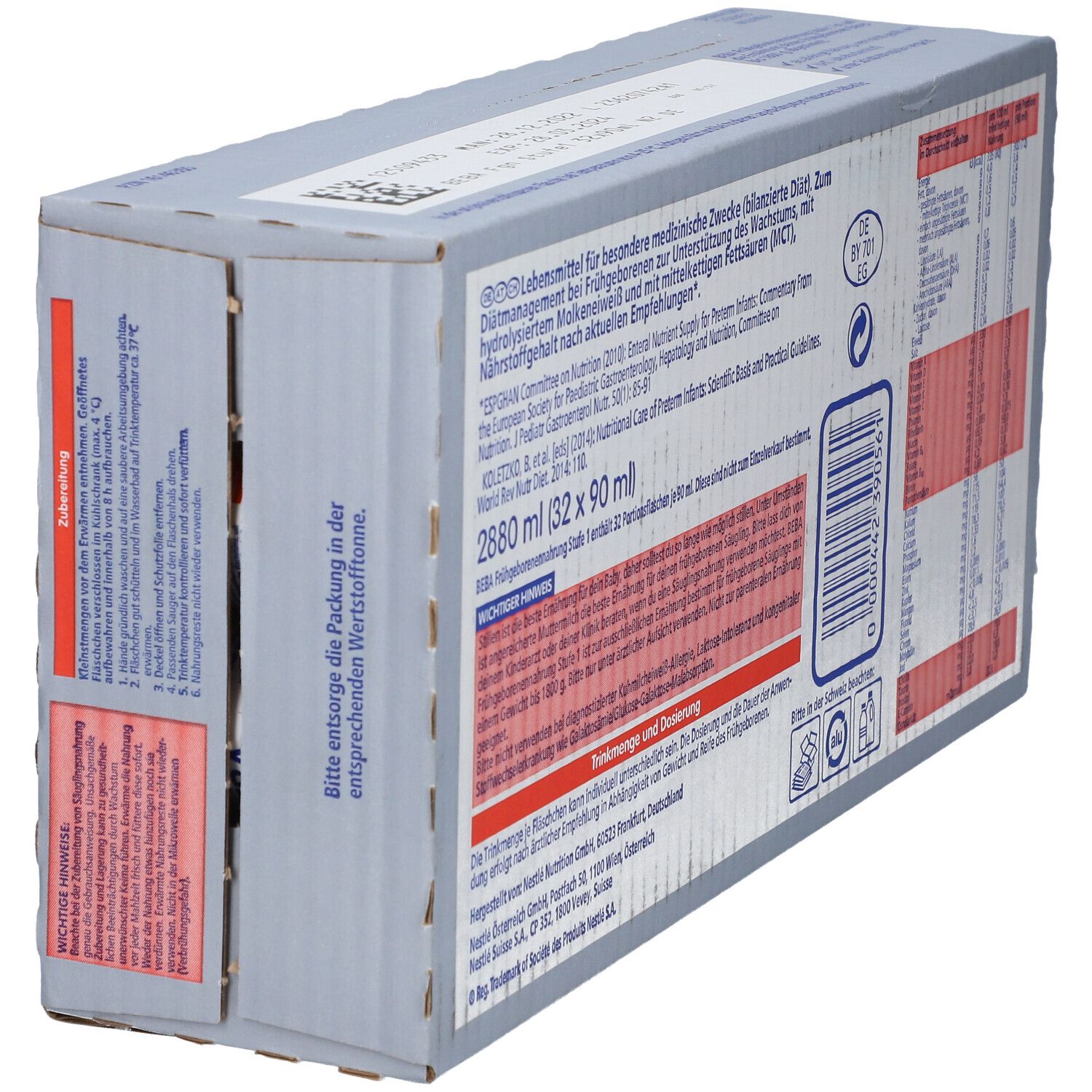 Rückseite der Nestlé BEBA 1 Kartonverpackung. Produktinformationen und Inhaltsstoffe.