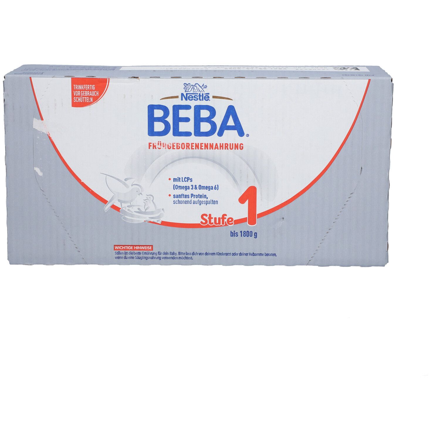 Nestlé BEBA Frühgeborenennahrung 1, Kartonverpackung. Graue Verpackung mit Produktinformationen.