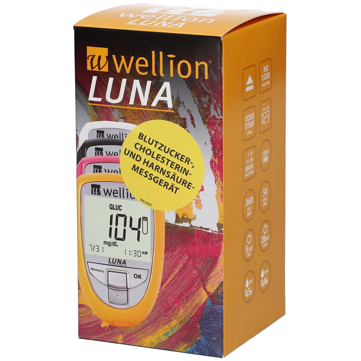 Verpackung von wellion® LUNA. Auf der Vorderseite ist ein Blutzucker-Messgerät mit Anzeige zu sehen. Gelbes Gehäuse.