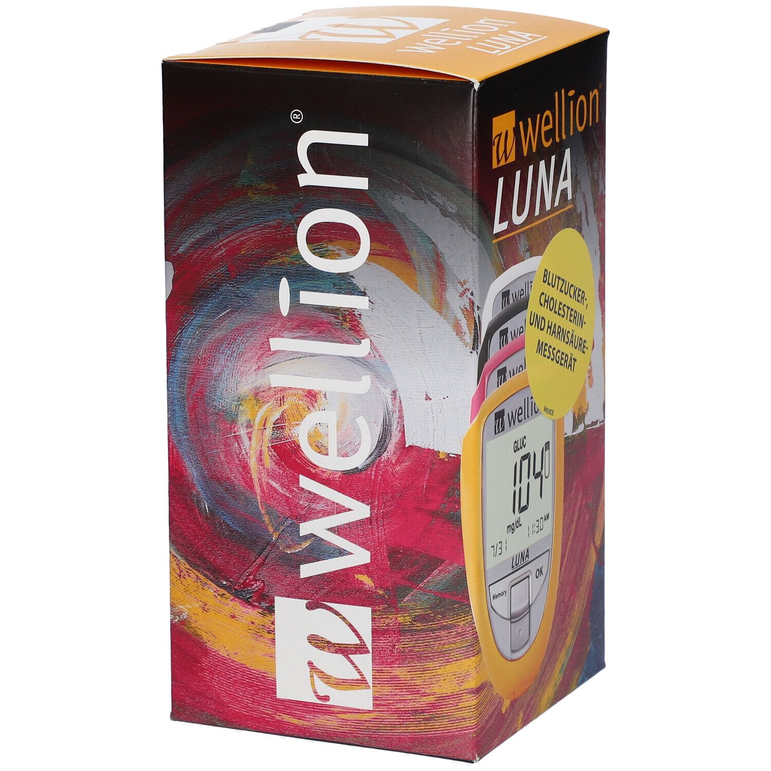 Verpackung von wellion® LUNA. Auf der Vorderseite ist ein Blutzucker-Messgerät mit Anzeige zu sehen. Gelbes Gehäuse.