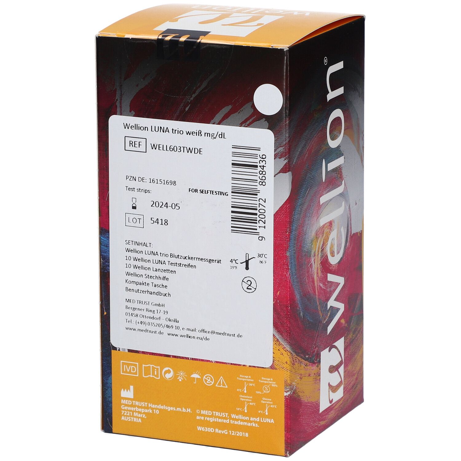 Verpackung von wellion® LUNA Teststreifen. Aufdruck mit Produktinformationen und Haltbarkeitsdatum.