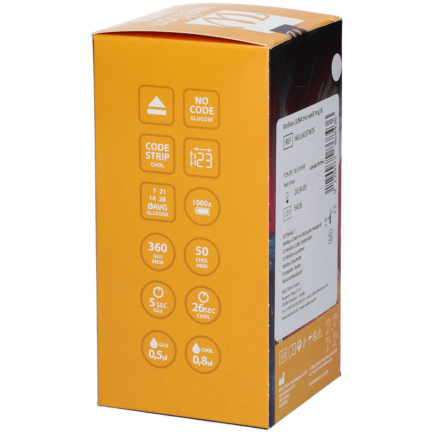Verpackung von wellion® LUNA. Auf der Seite sind Piktogramme und Informationen zur Anwendung abgebildet.