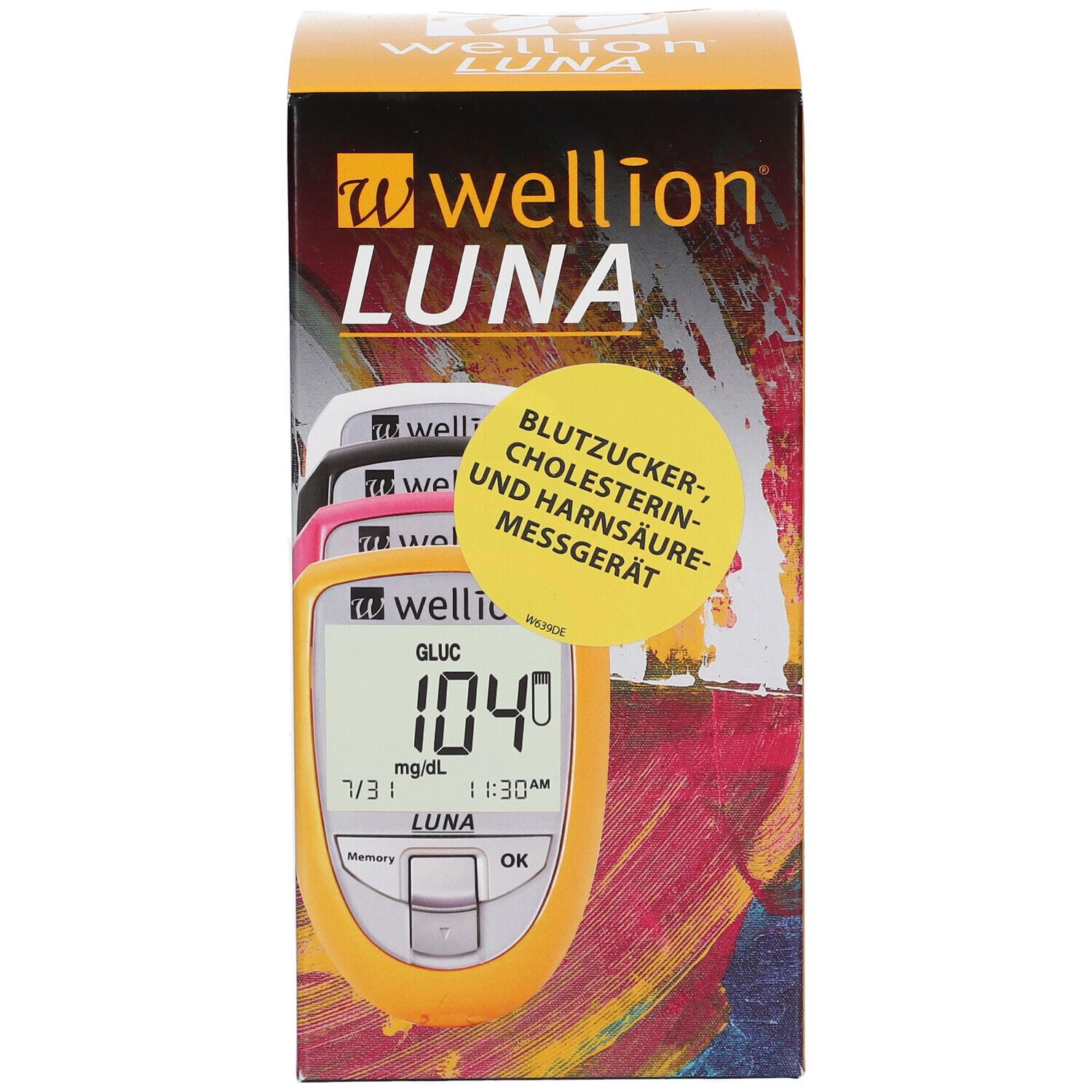 Verpackung von wellion® LUNA. Auf der Vorderseite ist ein Blutzucker-Messgerät mit Anzeige zu sehen. Gelbes Gehäuse.