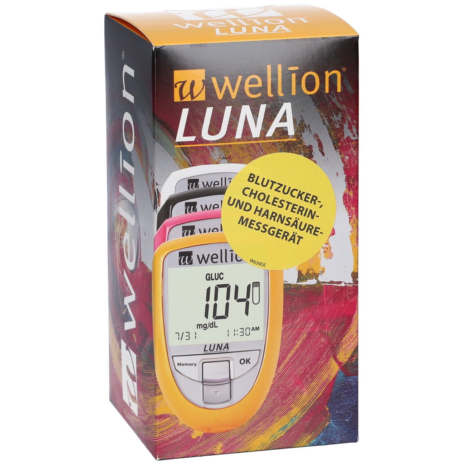 Verpackung von wellion® LUNA. Auf der Vorderseite ist ein Blutzucker-Messgerät mit Anzeige zu sehen. Gelbes Gehäuse.