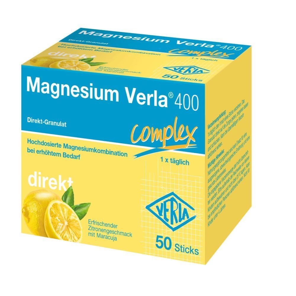 Gelbe Schachtel mit "Magnesium Verla 400 Direkt Granulat". Aufdruck mit Zitronen-Motiv und 50 Sticks.
