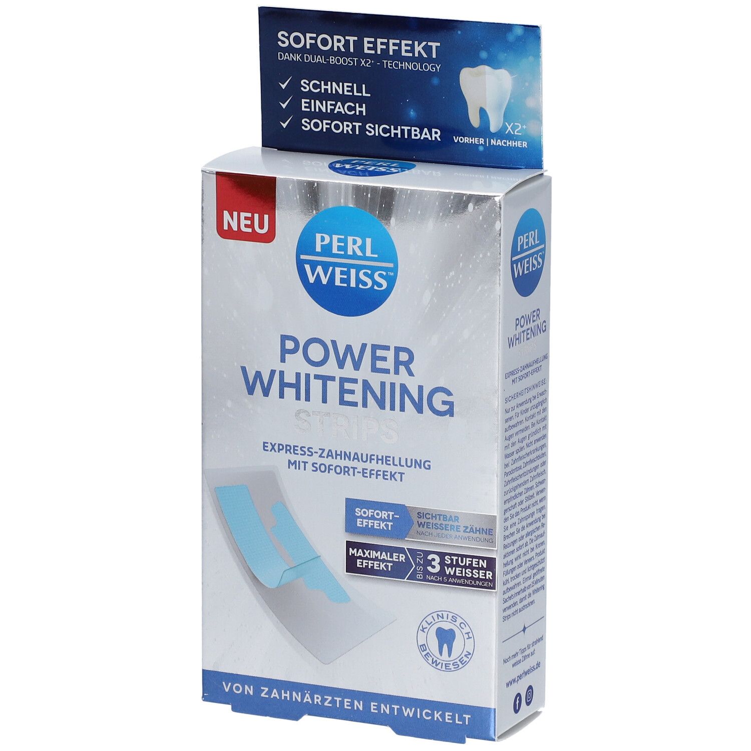 Schachtel mit PERLWEISS® Power Whitening Strips. Aufdruck: Sofort-Effekt, 3 Stufen weisser. Von Zahnärzten entwickelt.
