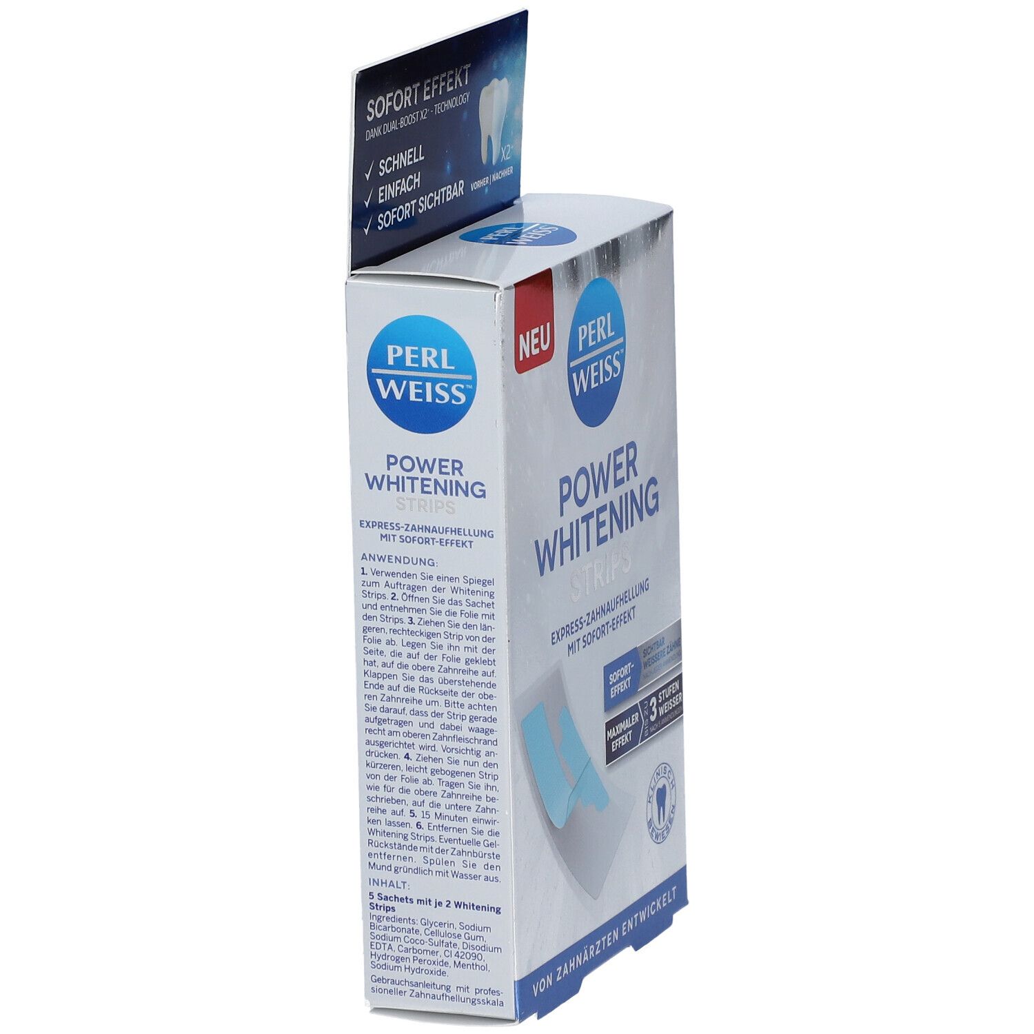 Schachtel PERLWEISS® Power Whitening Strips. Aufdruck: Express-Zahnaufhellung mit Sofort-Effekt. Text und Abbildung von Zahnstrips.