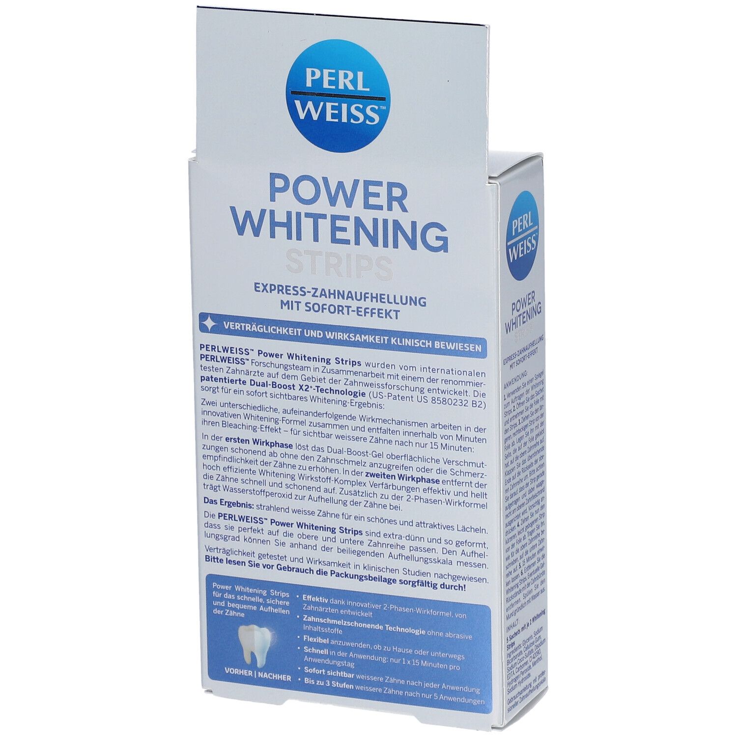 Schachtel PERLWEISS® Power Whitening Strips. Text und Abbildungen auf der Verpackung. Produktinformationen und Anwendungshinweise.