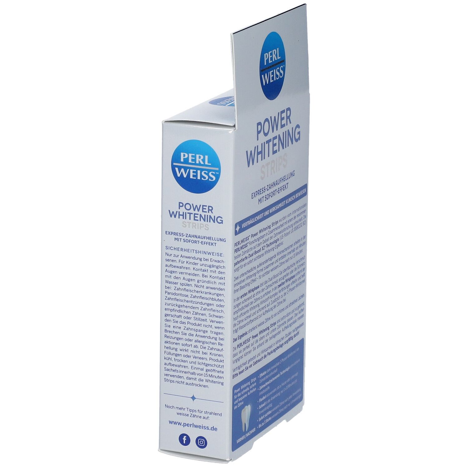 Schachtel PERLWEISS® Power Whitening Strips. Seitenansicht mit Text und Logo. Informationen zum Produkt und Hersteller.