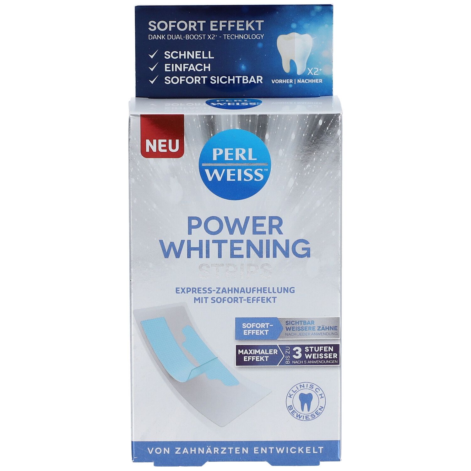 Schachtel PERLWEISS® Power Whitening Strips. Aufdruck: Sofort-Effekt, 3 Stufen weisser. Von Zahnärzten entwickelt. Produktverpackung.