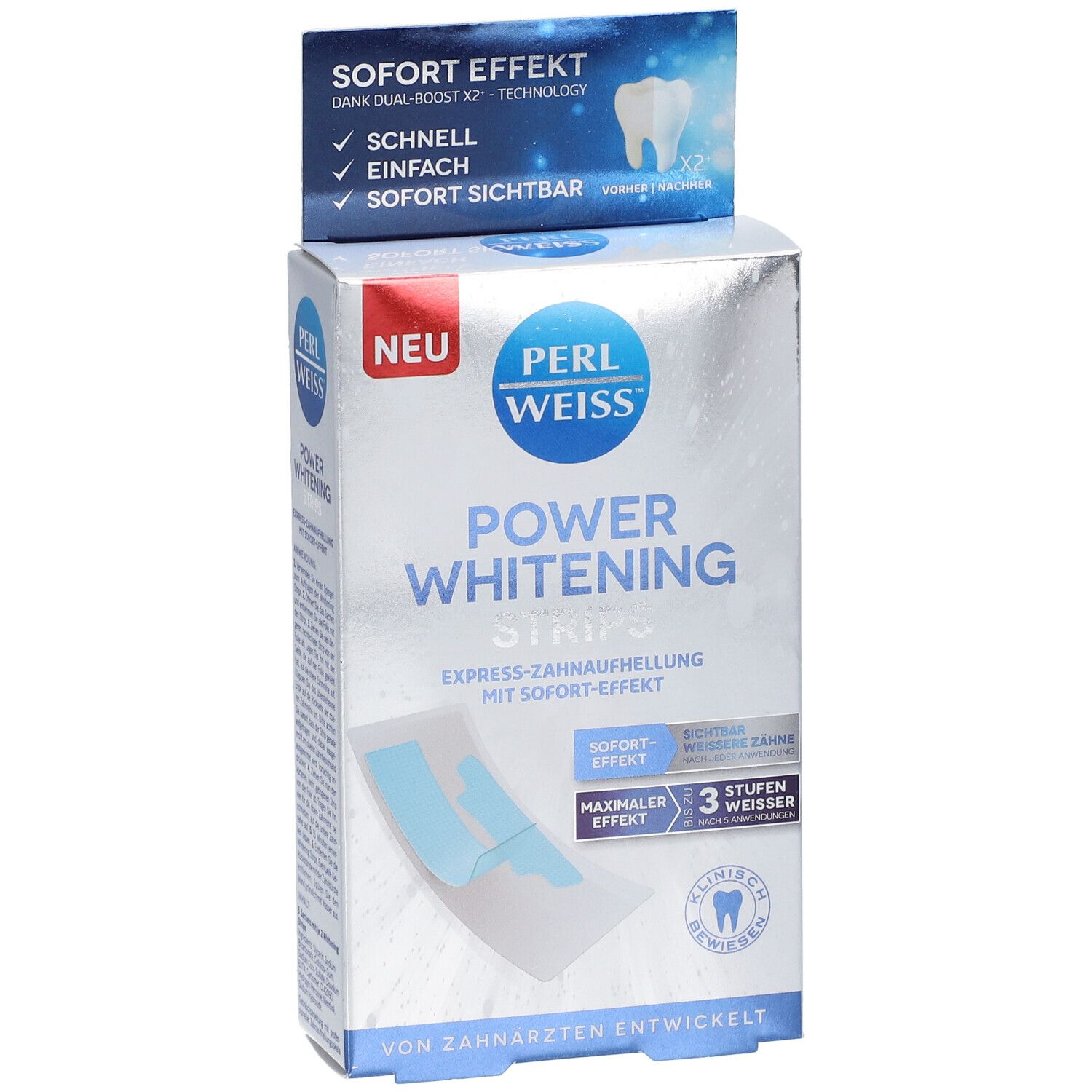Schachtel PERLWEISS® Power Whitening Strips. Aufdruck: Sofort-Effekt, 3 Stufen weisser. Produktverpackung mit geöffneter Klappe.