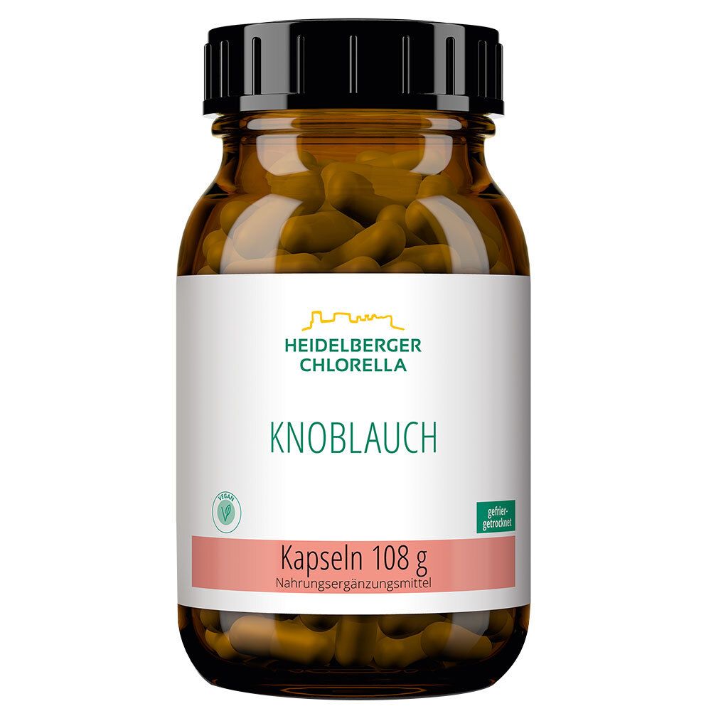 Braune Glasflasche mit schwarzen Deckel. Etikett mit "Heidelberger Chlorella KNOBLAUCH", "Kapseln 108 g".