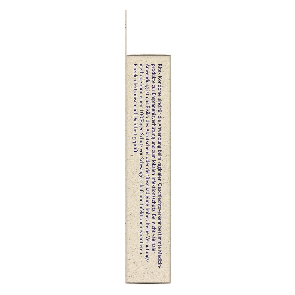 Seitenansicht der Kondompackung. Text: Anwendung, Schutz vor Schwangerschaft und Infektionen.
