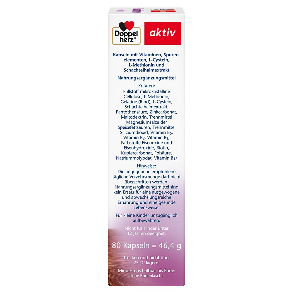 Rückseite der Doppelherz aktiv Haar Intensiv + Biotin Verpackung. Enthält Inhaltsstoffe und Warnhinweise.