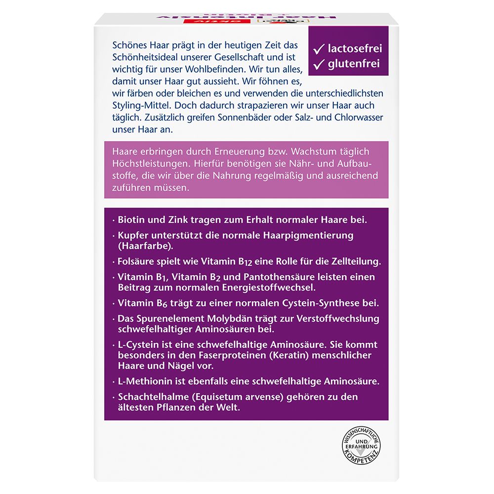Rückseite der Doppelherz aktiv Haar Intensiv + Biotin Verpackung. Enthält Informationen über Inhaltsstoffe und Vorteile.
